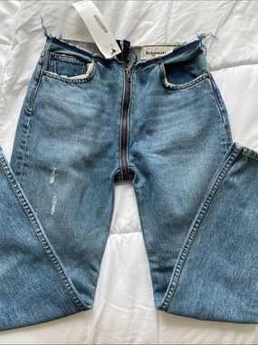 Reformation Medium Blue Zip-Front High-Rise Distressed Jeans